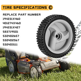 Grasscape front-drive wheel compatibility highlights fit for Craftsman and Husqvarna mowers.