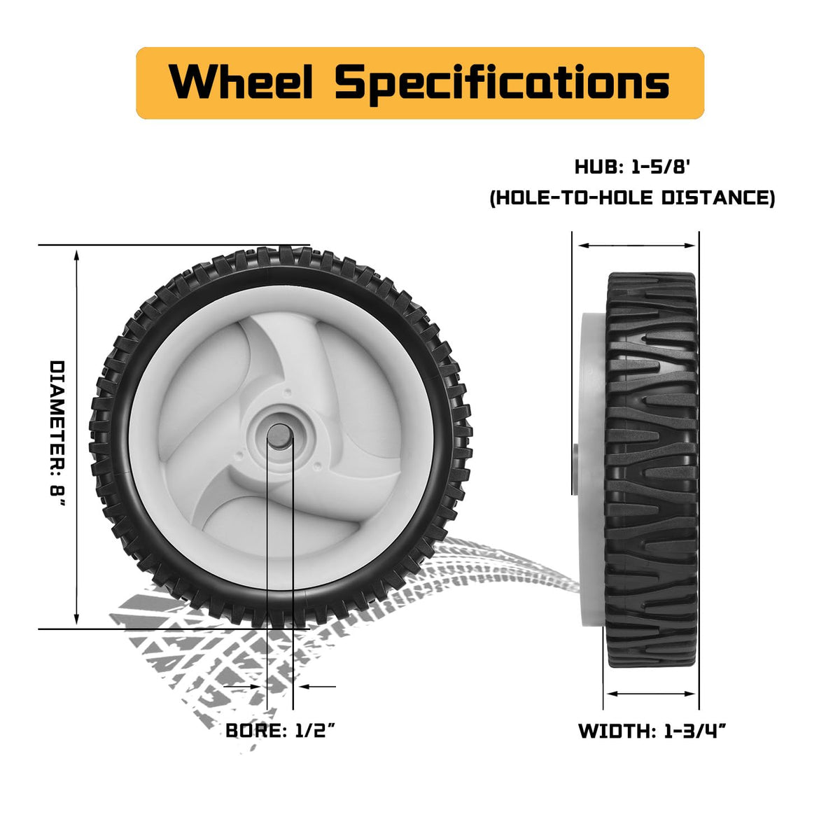 Grasscape front wheel with 53 teeth design for strong lawn grip and traction.