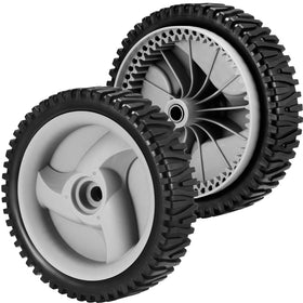 Grasscape front wheel assembly showing 8-inch diameter for easy replacement and reliable traction.