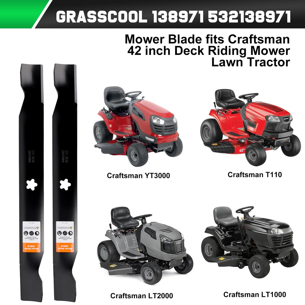 Grasscool 21-inch blade length details ensure precise fit and mowing efficiency.