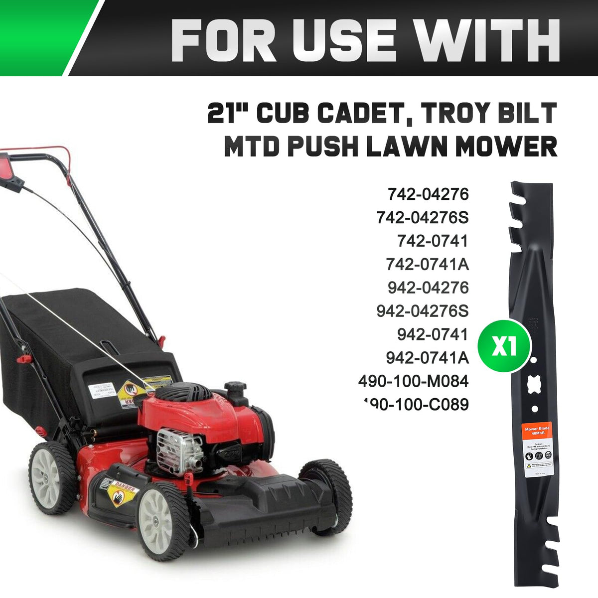 Grasscool 21-inch mulching blade in packaging signaling broad compatibility with common mower brands.