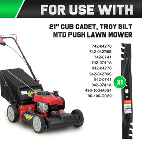 Grasscool 21-inch mulching blade in packaging signaling broad compatibility with common mower brands.