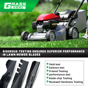 Grasscool 21-inch mulching blade with paint-protection note helps safe handling.