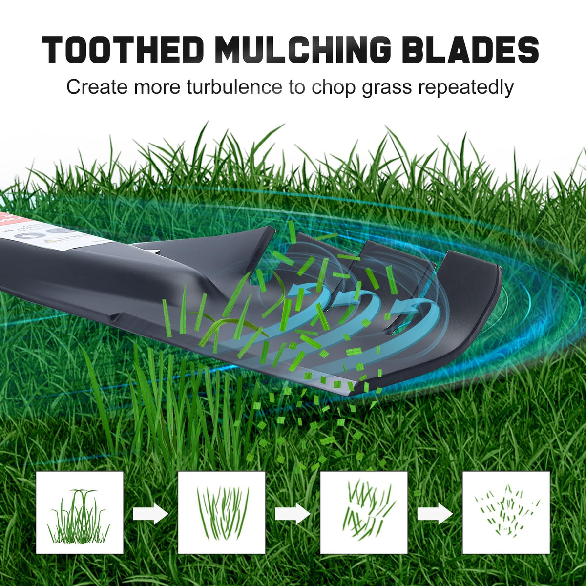 Grasscool 21-inch mulching blade teeth detail emphasizing durable cutting edge.