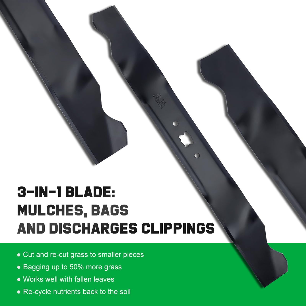 Grasscool 3-in-1 blade demonstrates mulching, bagging, and side discharge.