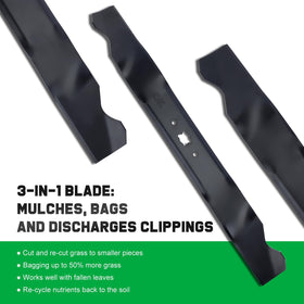 Grasscool 3-in-1 blade demonstrates mulching, bagging, and side discharge.