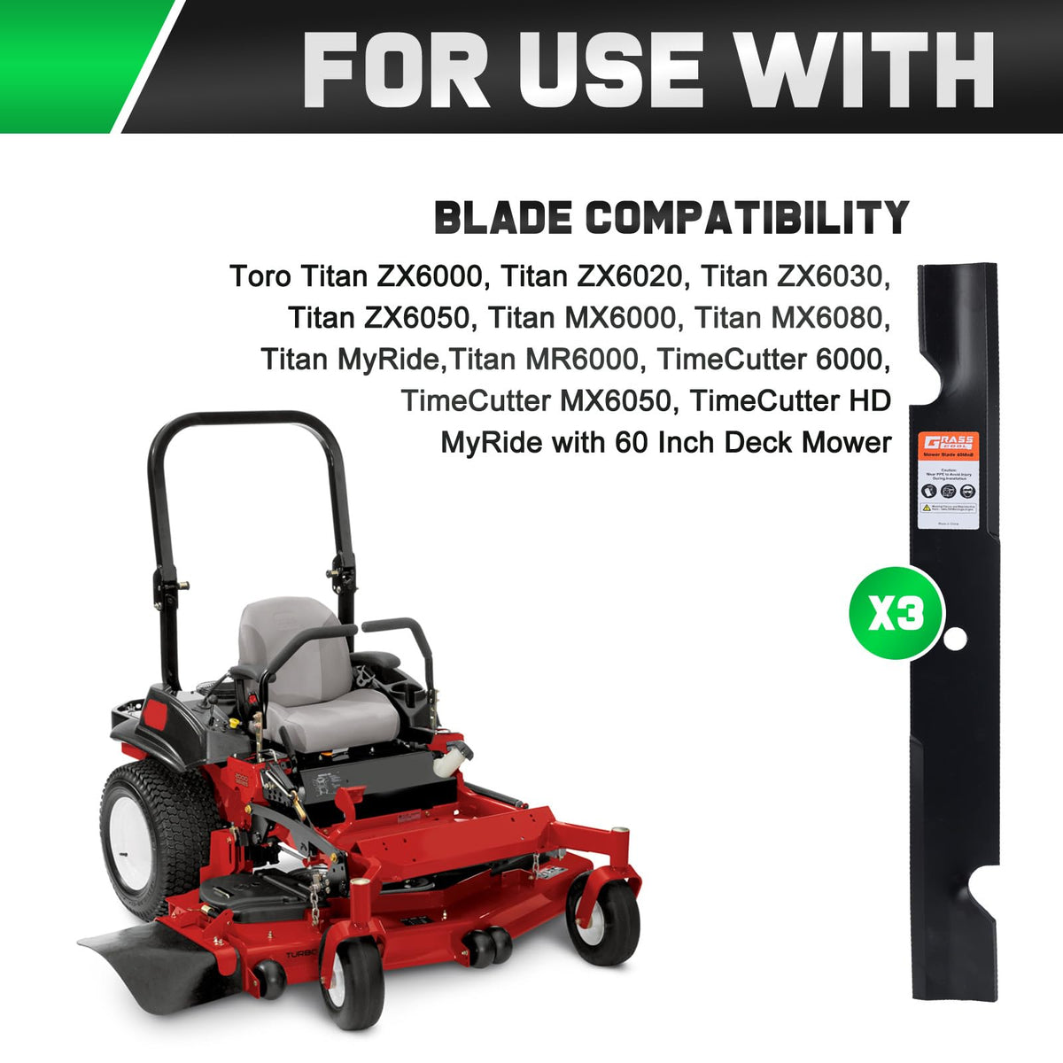 Grasscool 3-pack mower blades arranged for versatile mowing