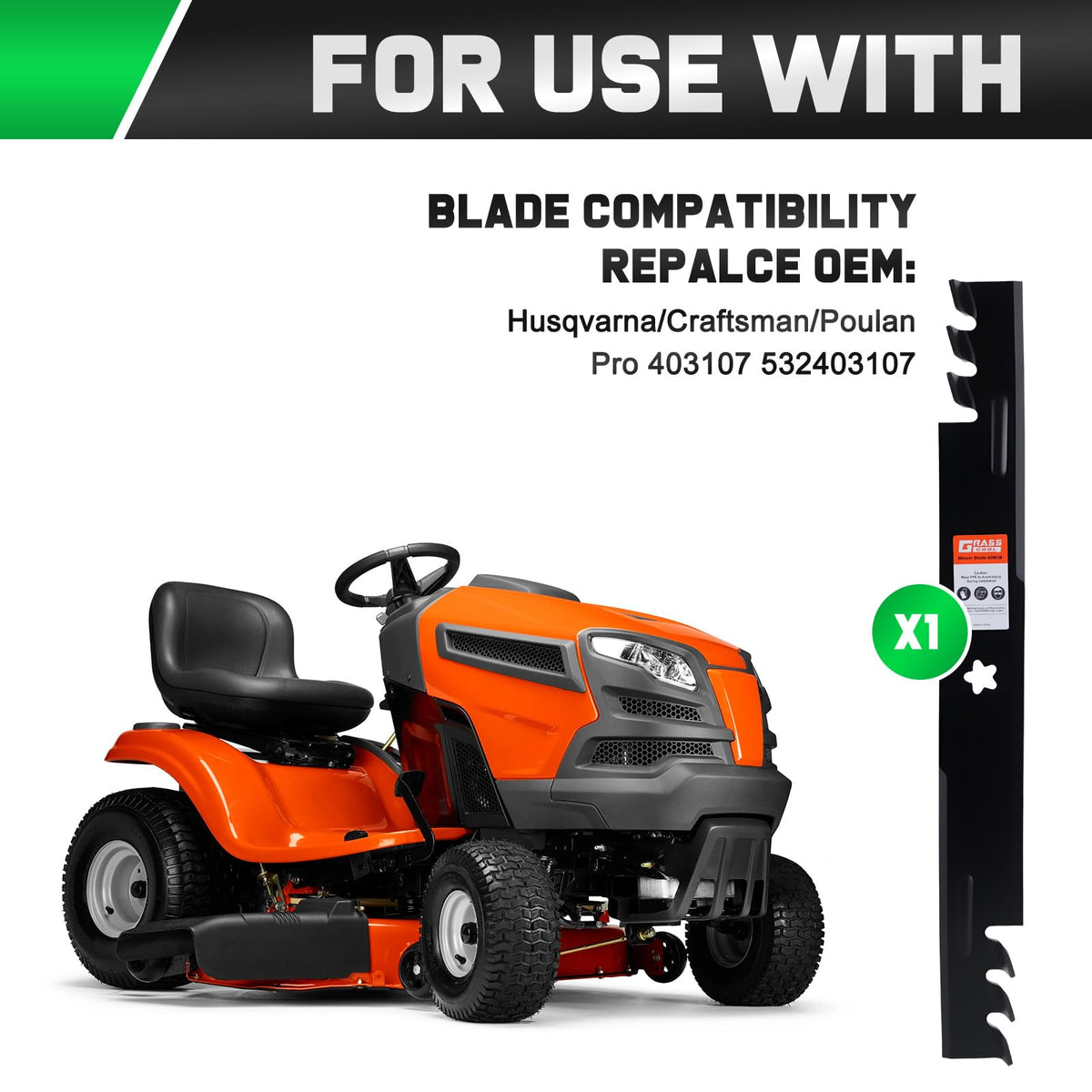 Grasscool 46-inch deck blades aligned for Husqvarna and Craftsman compatibility.