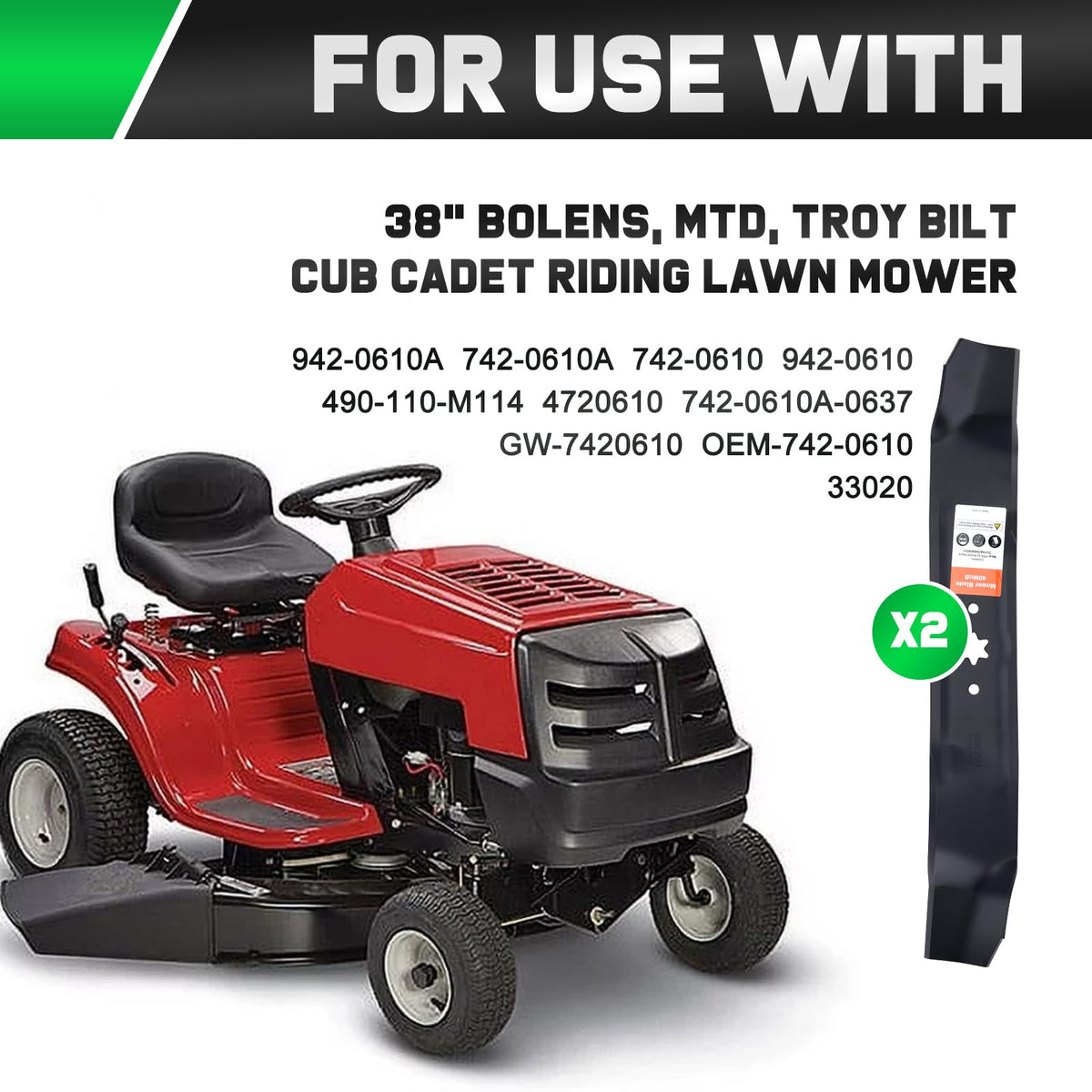 Grasscool 942-0610A blades shown for bagging and mulching on a 38-inch mower.