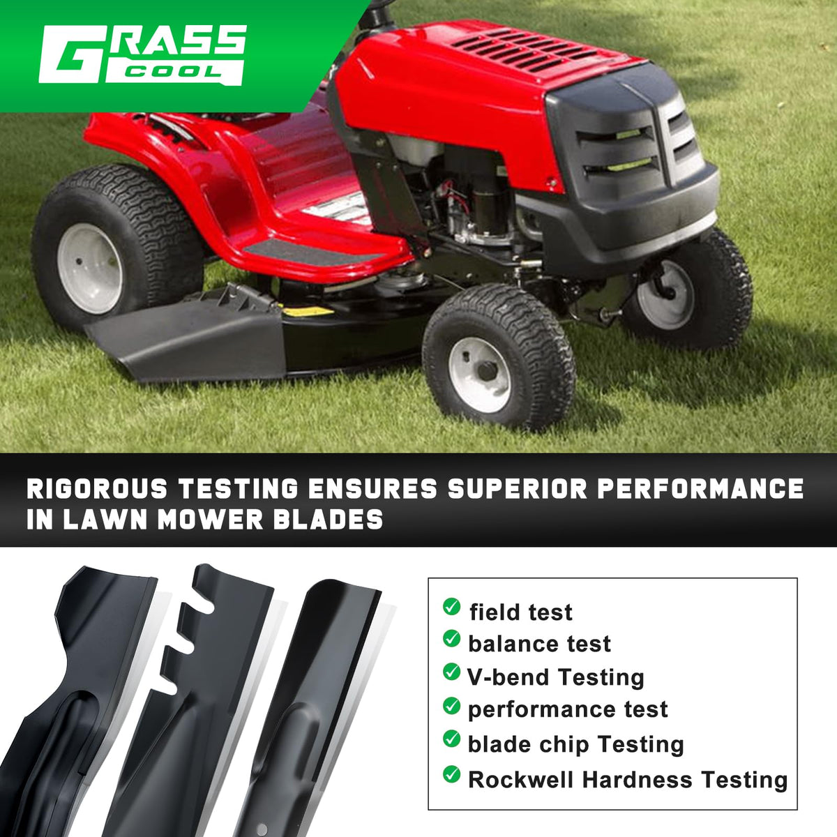 Grasscool blades undergo durability tests for real-world mowing performance.