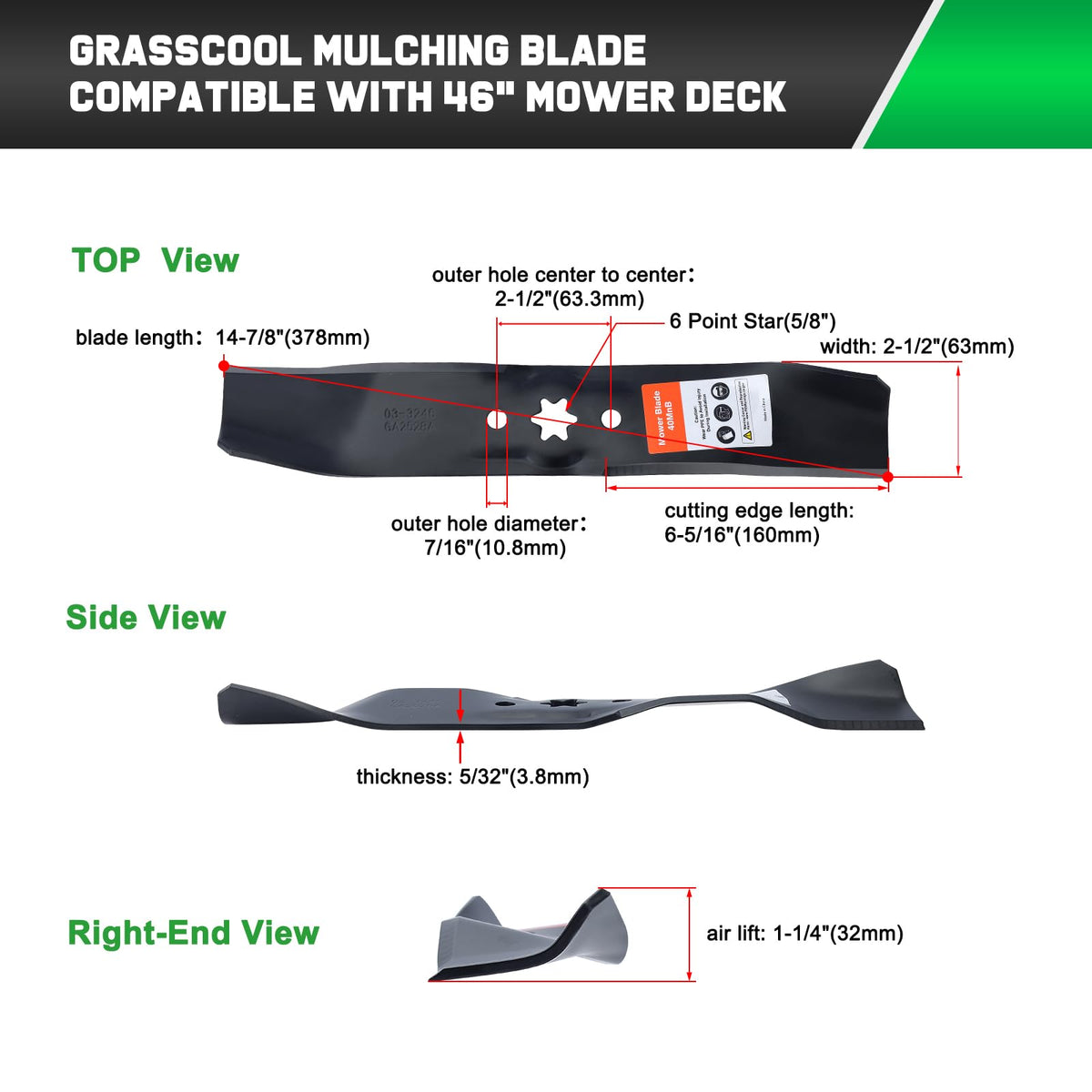 Grasscool long blade spec for 46-inch deck ensures durable mulch performance.