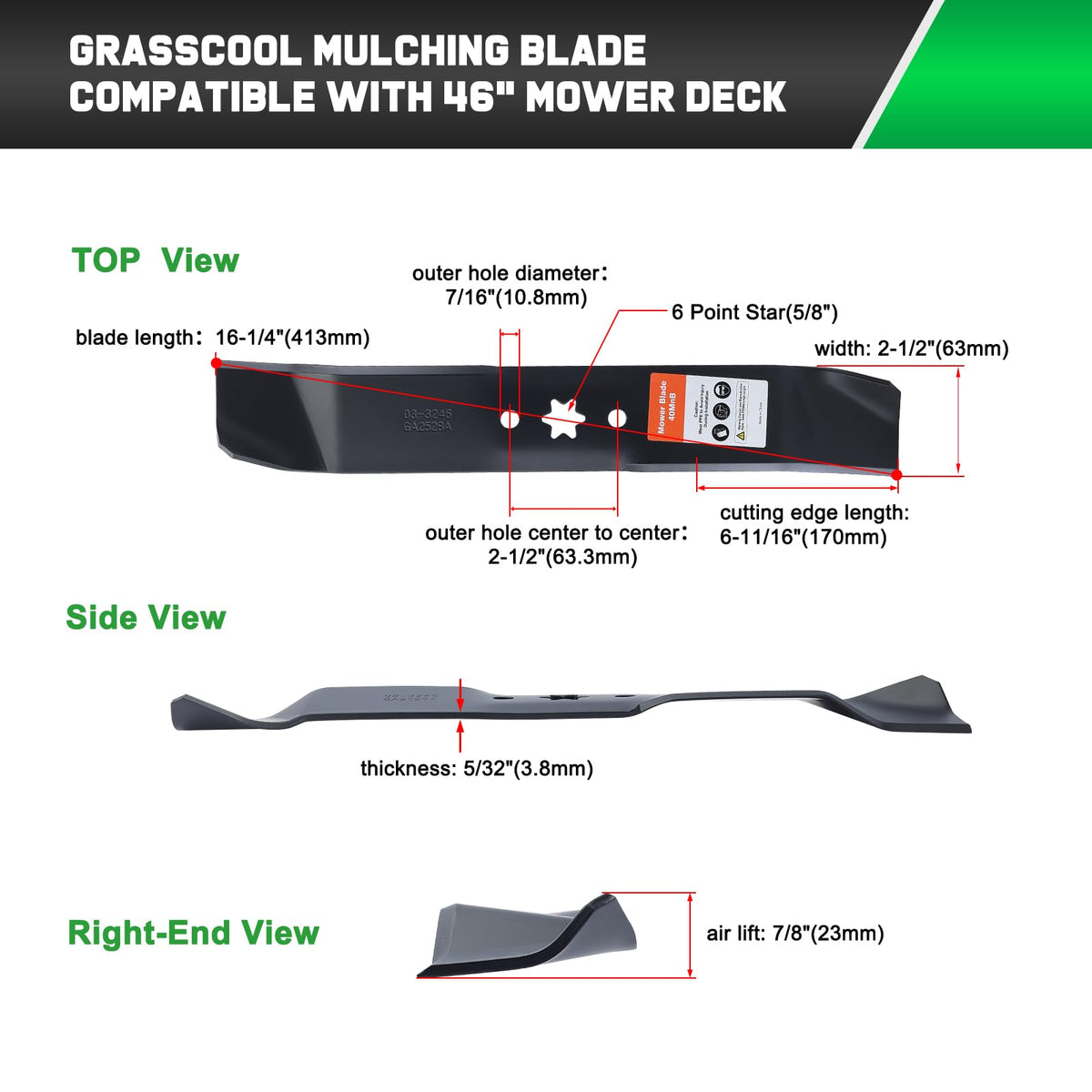 Grasscool short blade spec for 46-inch deck supports nimble mowing.