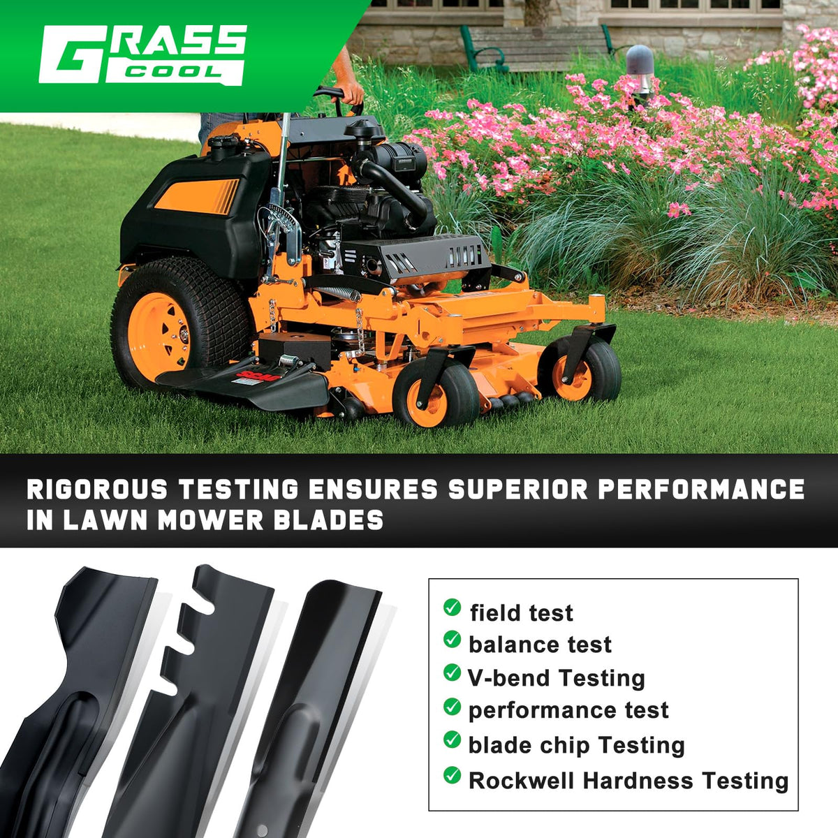 Grasscool clog resistant blade design reduces clumps in tall grass