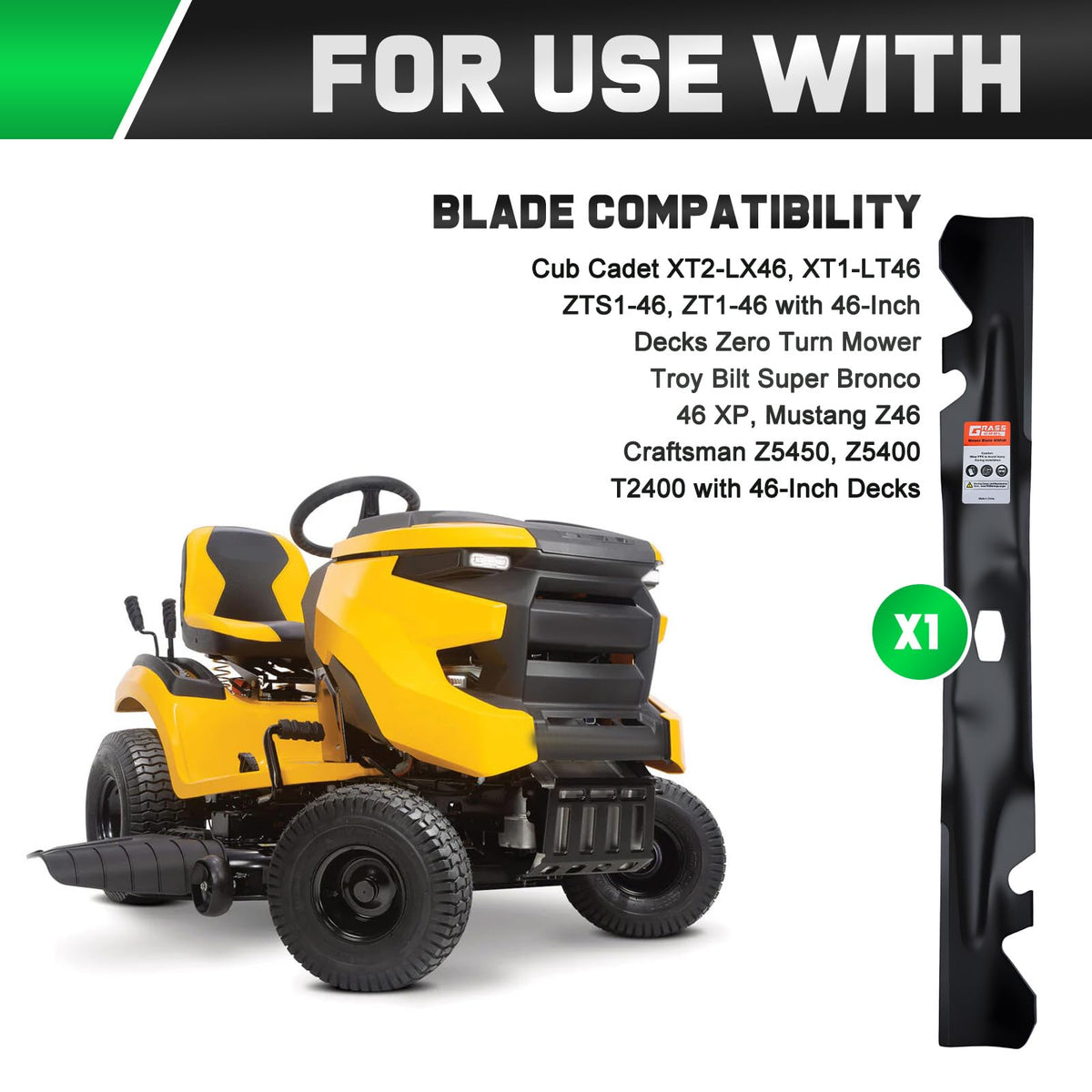 Grasscool Cub Cadet compatibility graphic highlights quick blade replacement.