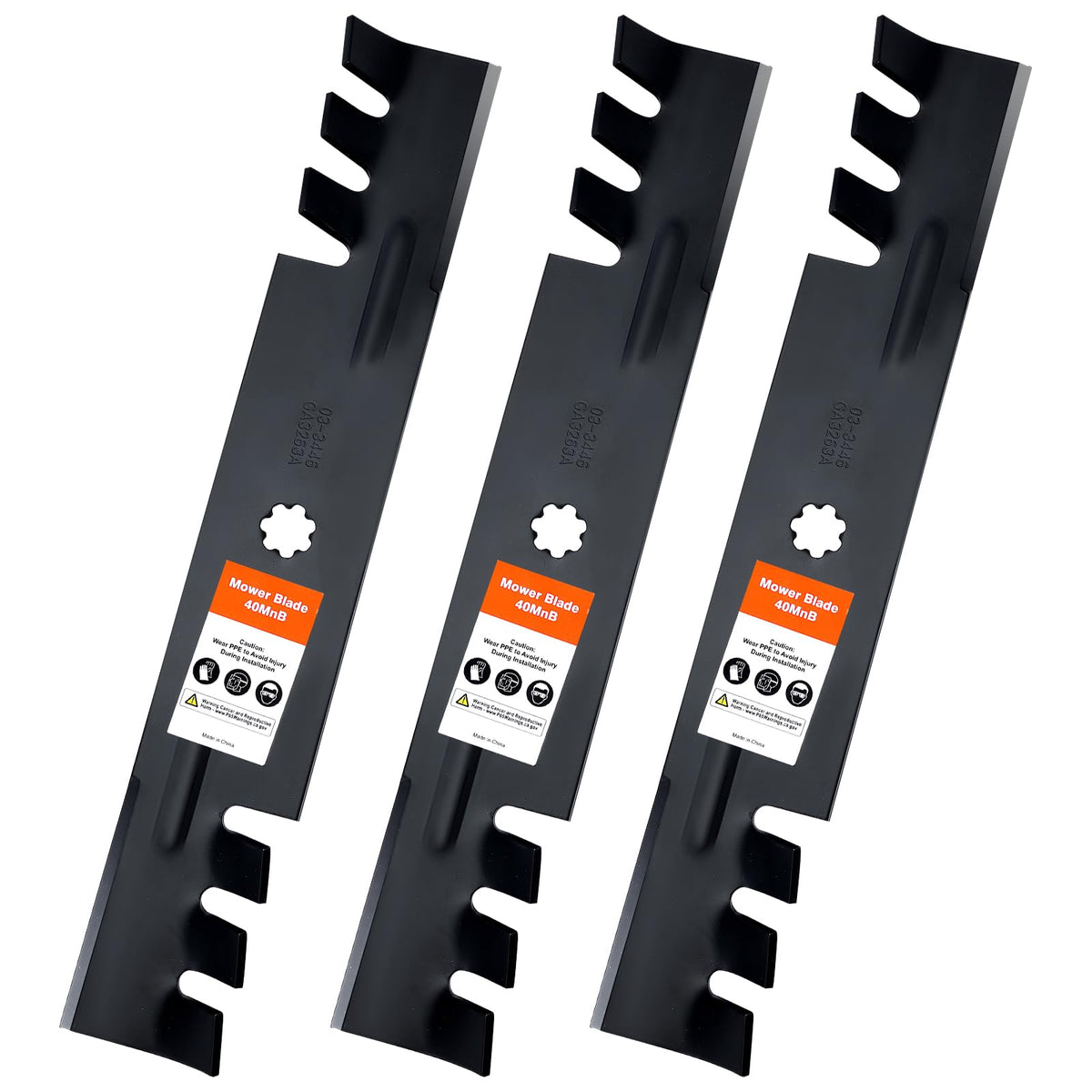 Grasscool D140 toothed mulching blade close-up showing sharp teeth for better clipping control