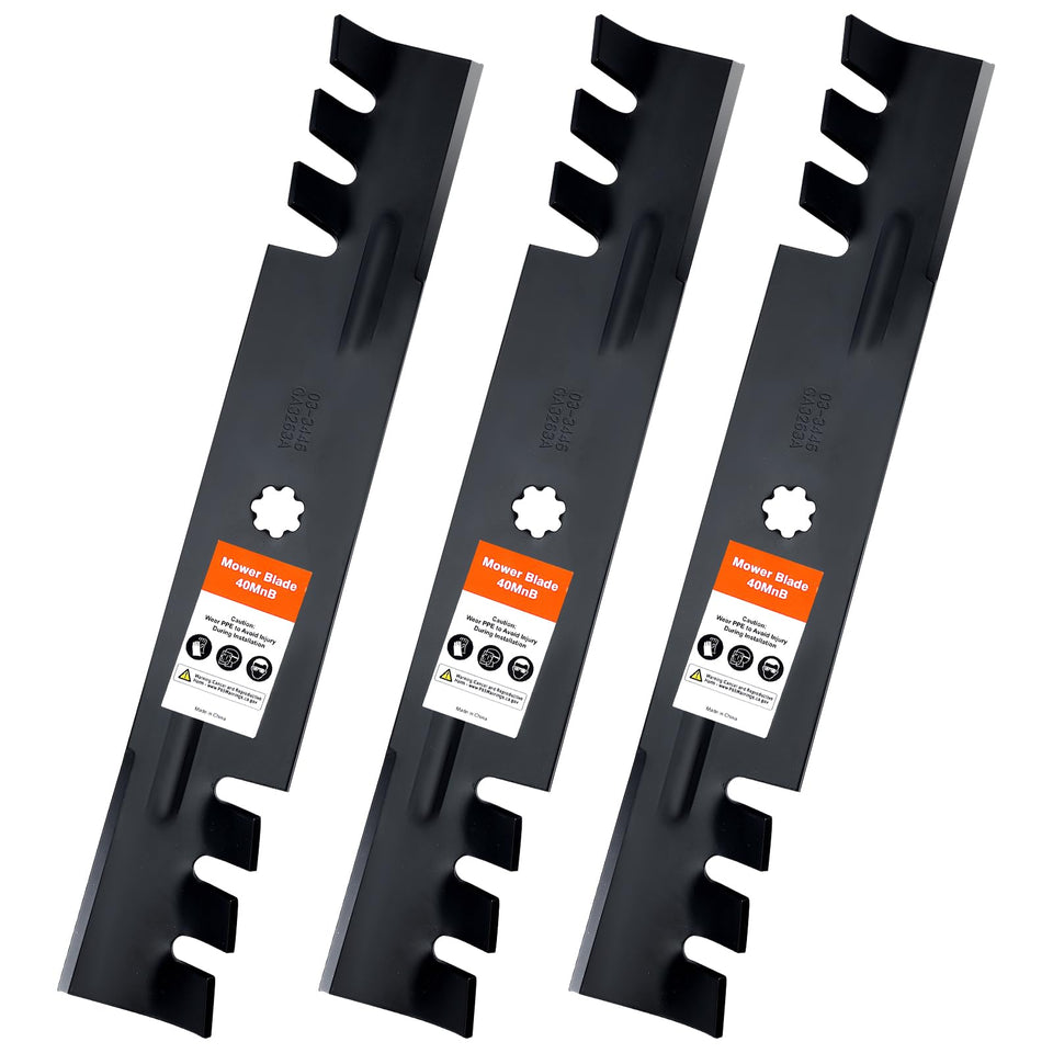 Grasscool D140 toothed mulching blade close-up showing sharp teeth for better clipping control