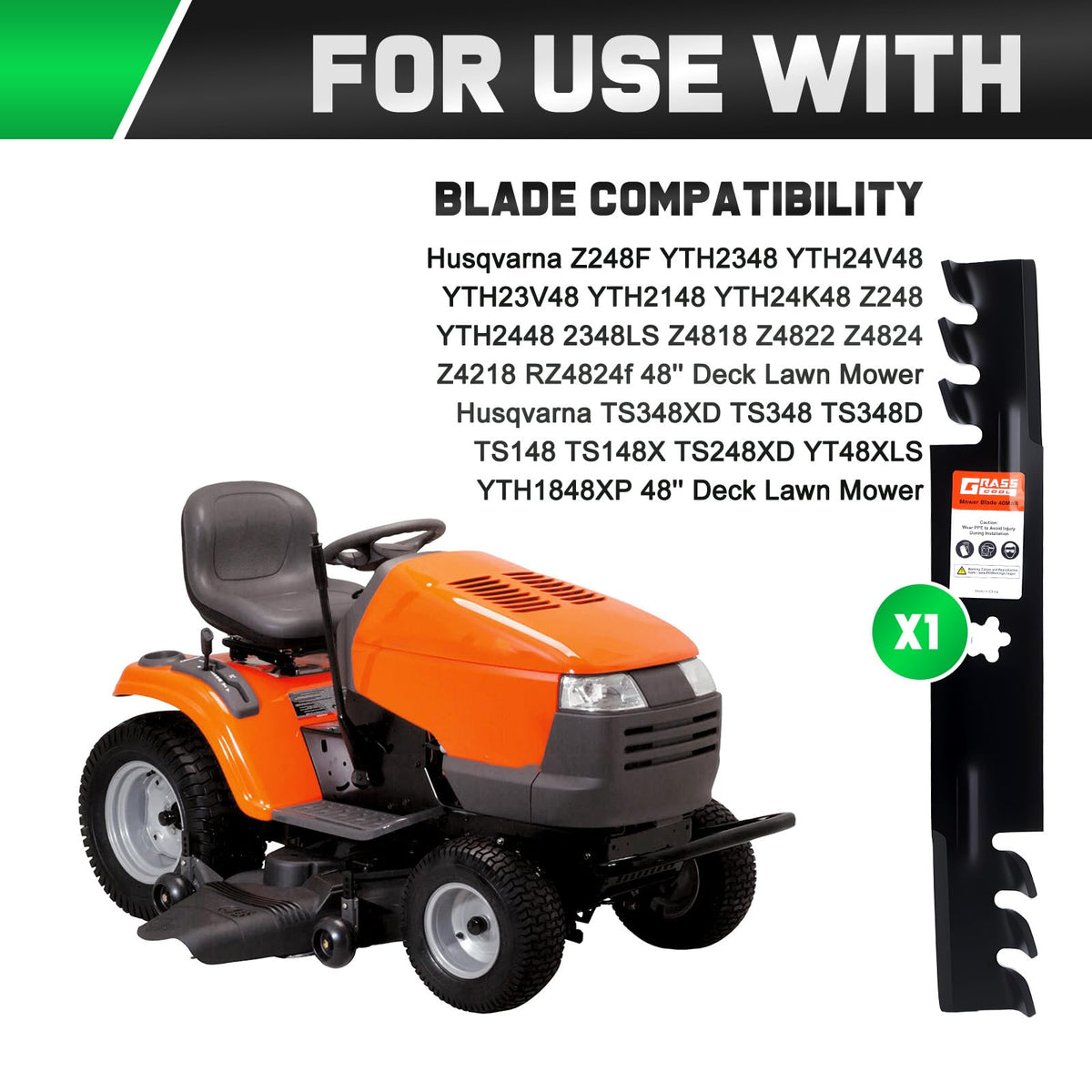 Grasscool blade fitment for Husqvarna Z248F showing mounting and fit