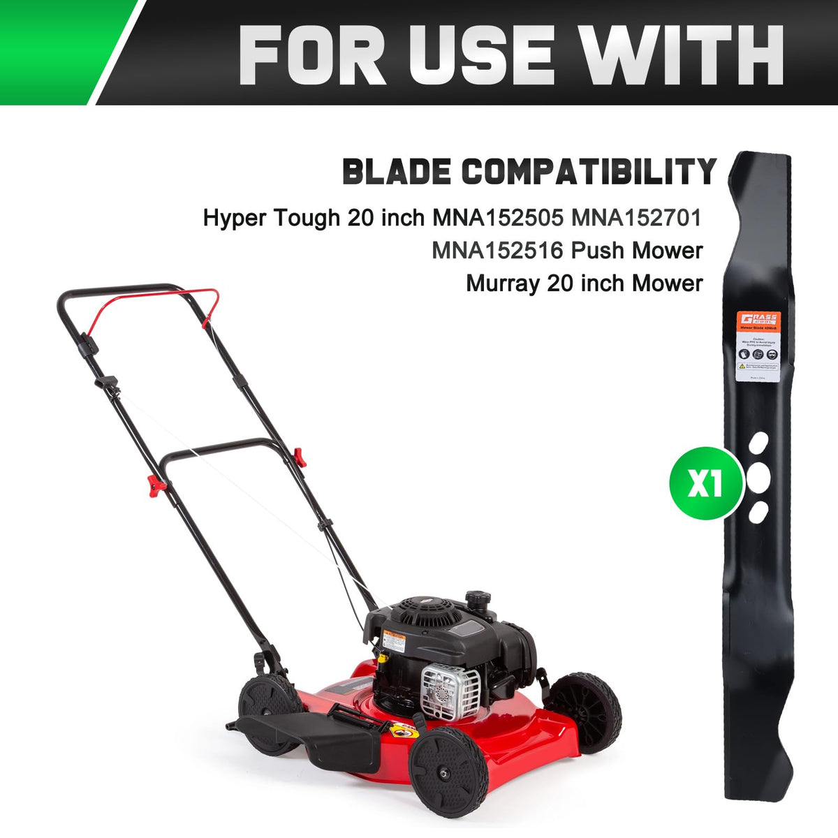 Grasscool 20-inch blade for Hyper Tough push mowers, easy installation.