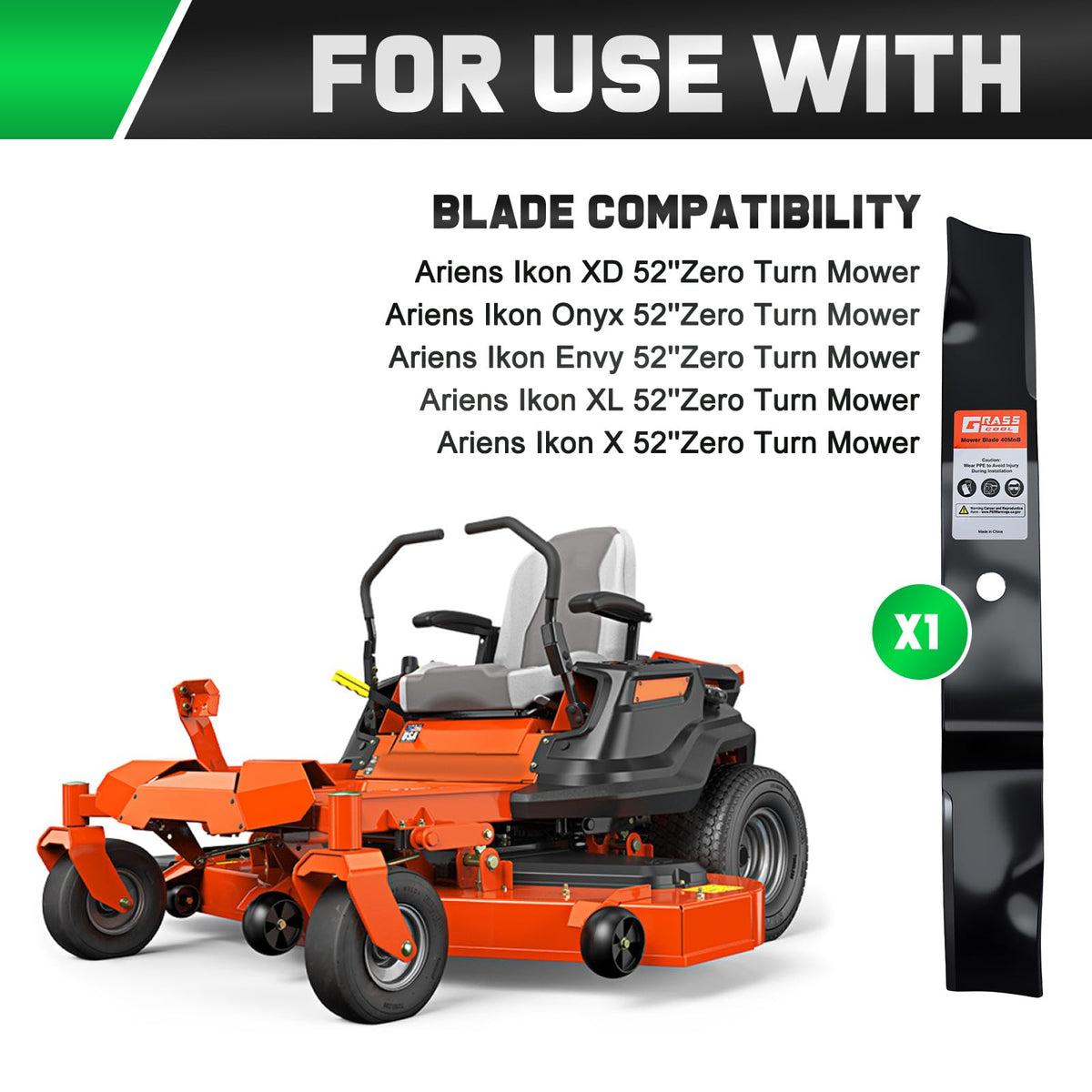 Grasscool Ikon Onyx 52-inch blades for reliable Ariens mower performance.