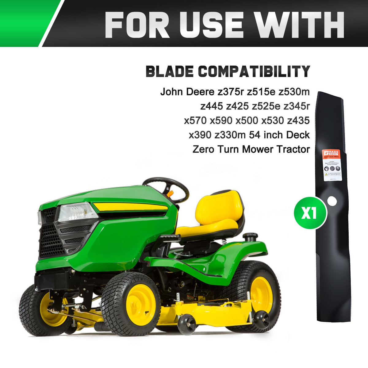 Grasscool M143520 compatibility chart shows broad mower model fit for 54-inch decks.
