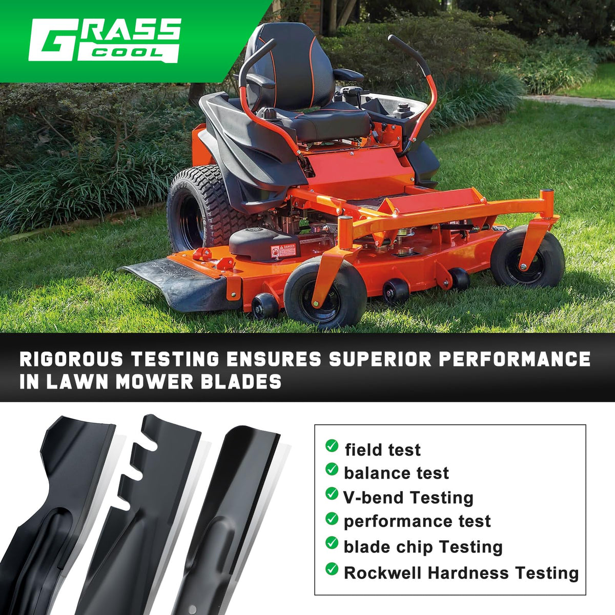 Grasscool Maverick blades three-pack ready for replacement on 60-inch mower decks.