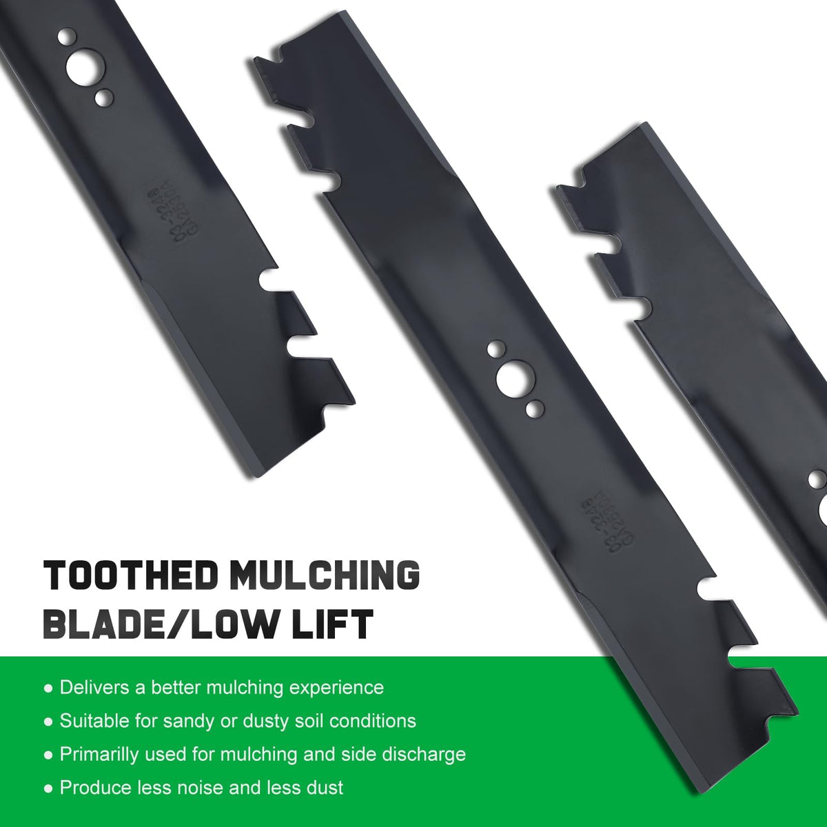 Grasscool toothed mulching blade enhances debris processing on tough lawns.
