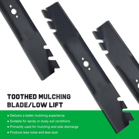 Grasscool toothed mulching blade enhances debris processing on tough lawns.