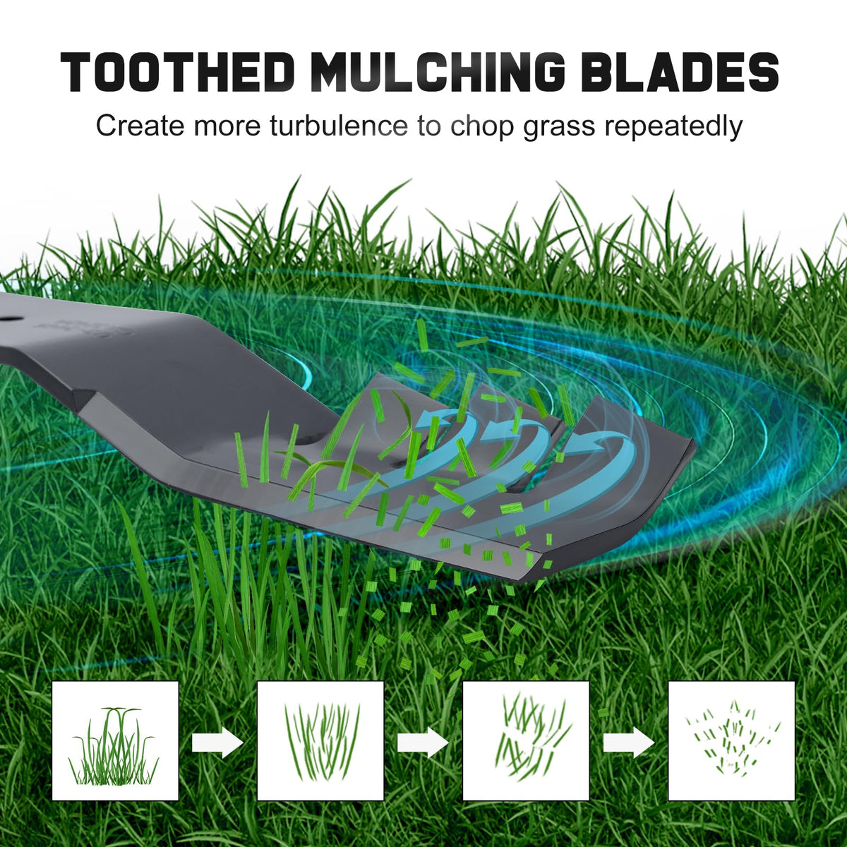 Grasscool toothed mulching blade close-up highlights sturdy edges for mulching.