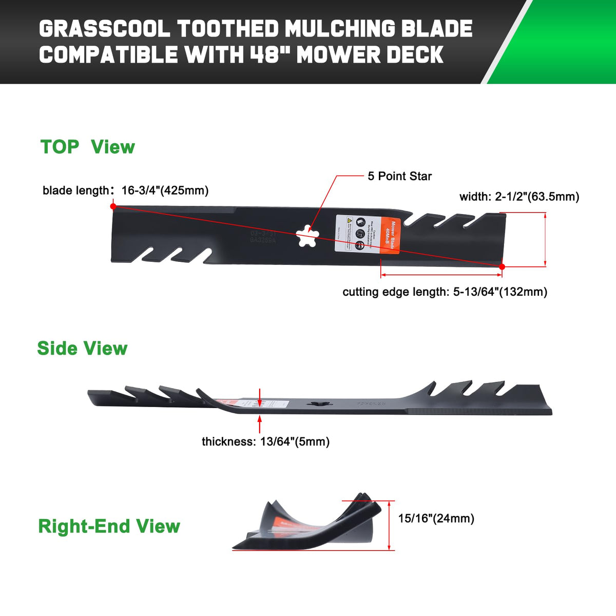 Grasscool Z248F toothed mulching blade design for efficient cut
