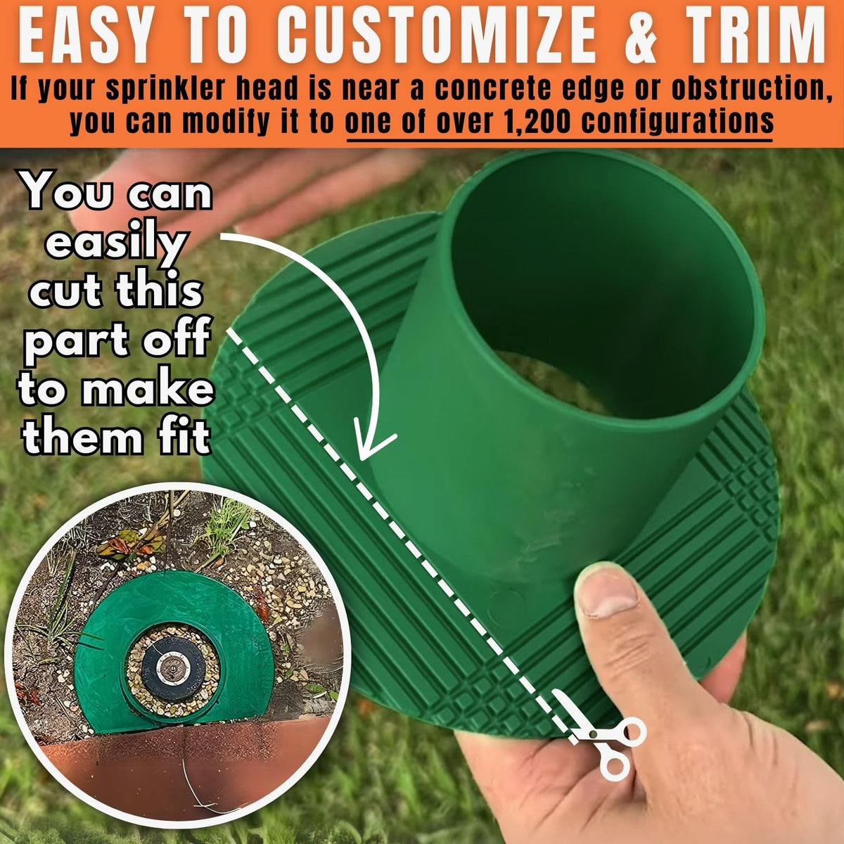 GRASSHOLE sprinkler head guard guards against mower contact during lawn care.