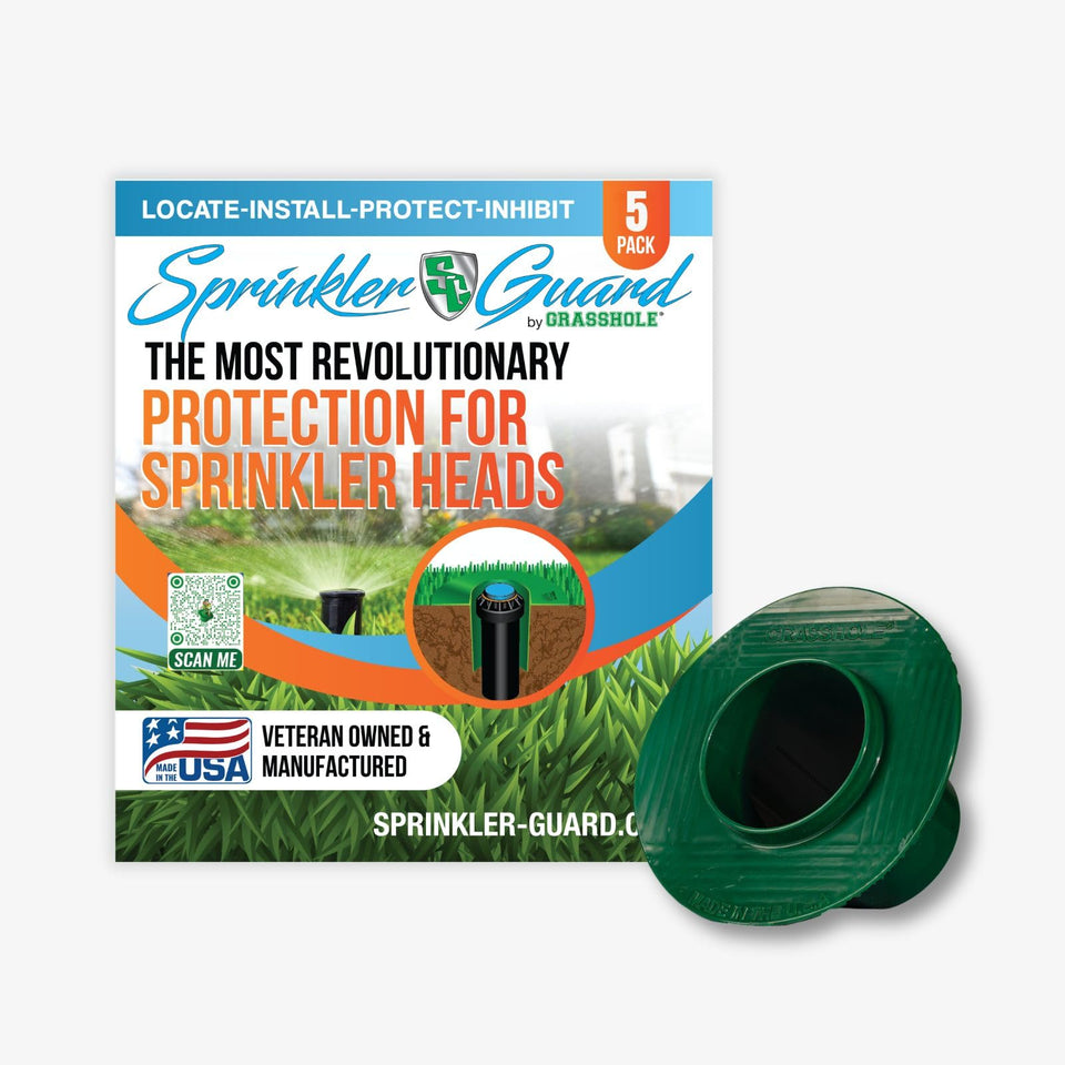 GRASSHOLE sprinkler head guard quick-install around the sprinkler head protects from mower damage.
