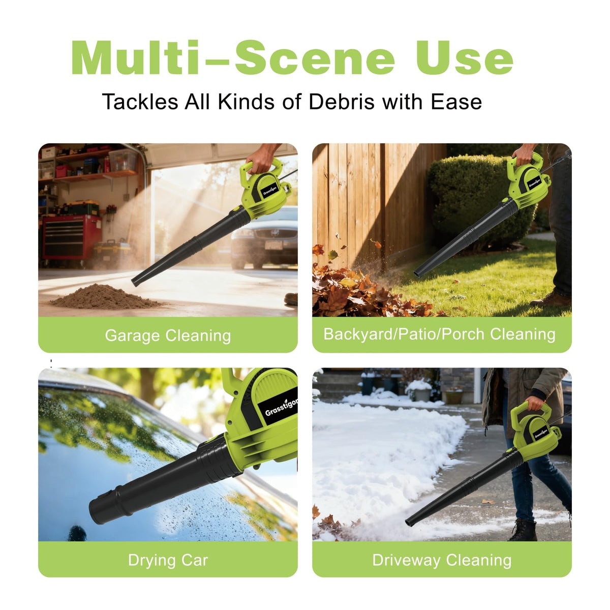 GRASSTIGON corded design provides unlimited runtime for big cleanup sessions.