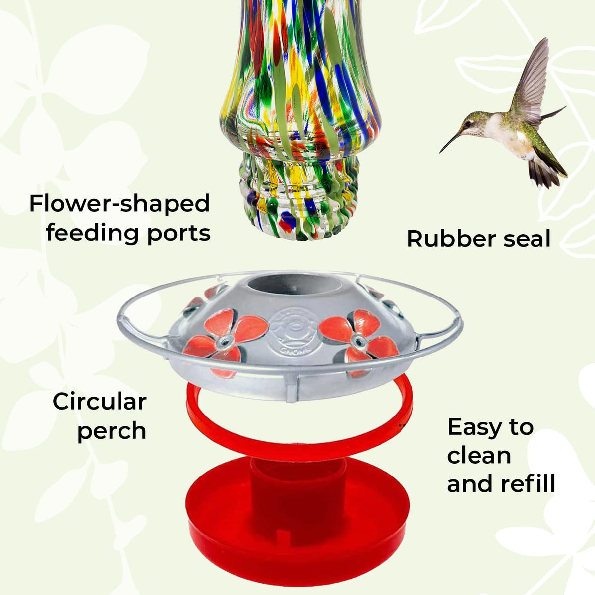 Grateful Gnome hummingbird feeder showing four flower ports and perch for feeding