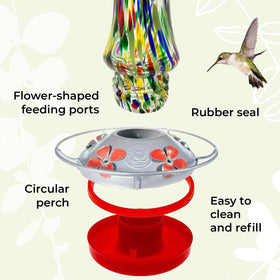 Grateful Gnome hummingbird feeder showing four flower ports and perch for feeding