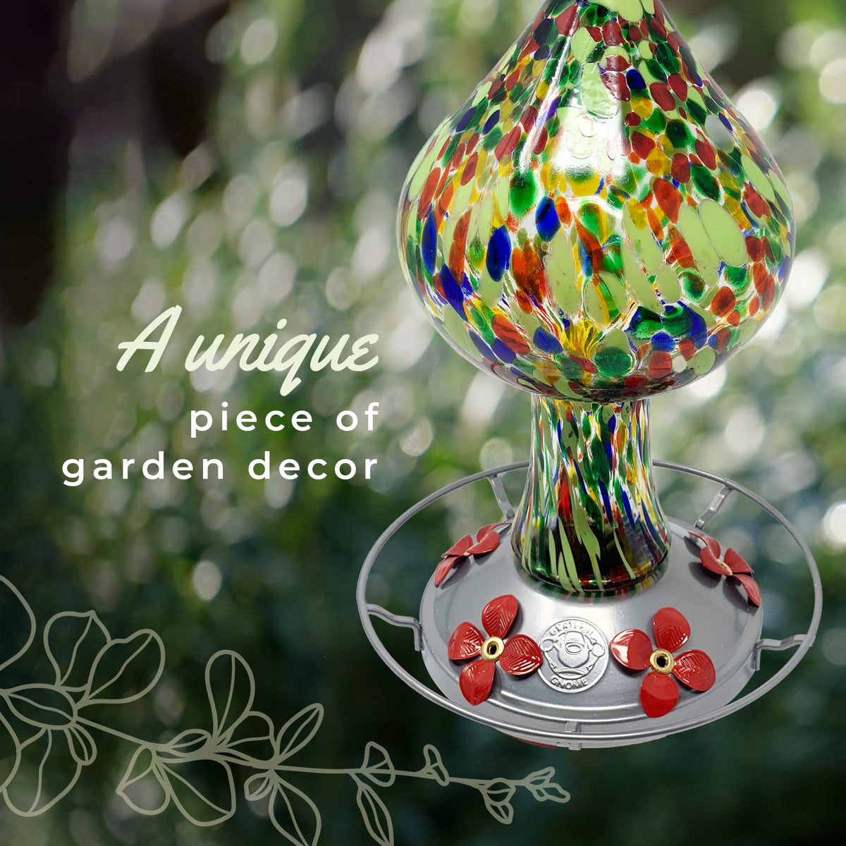 Grateful Gnome hummingbird feeder with ant moat attachment for cleaner feeding areas