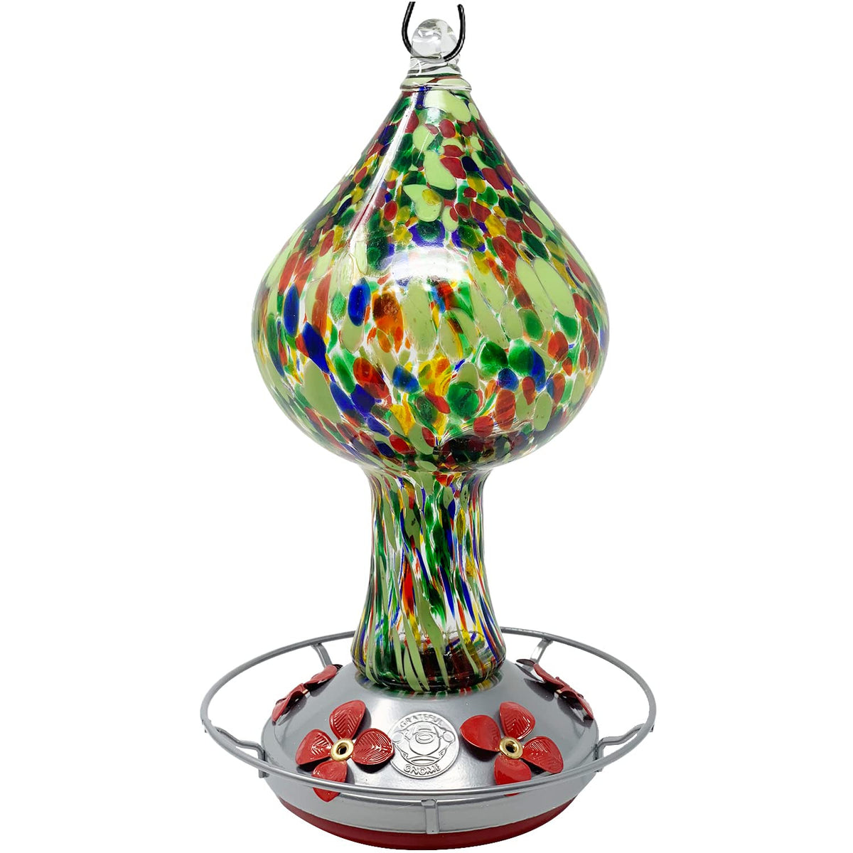 Grateful Gnome hummingbird feeder, side view, attracts hummingbirds to your garden with vibrant stained glass