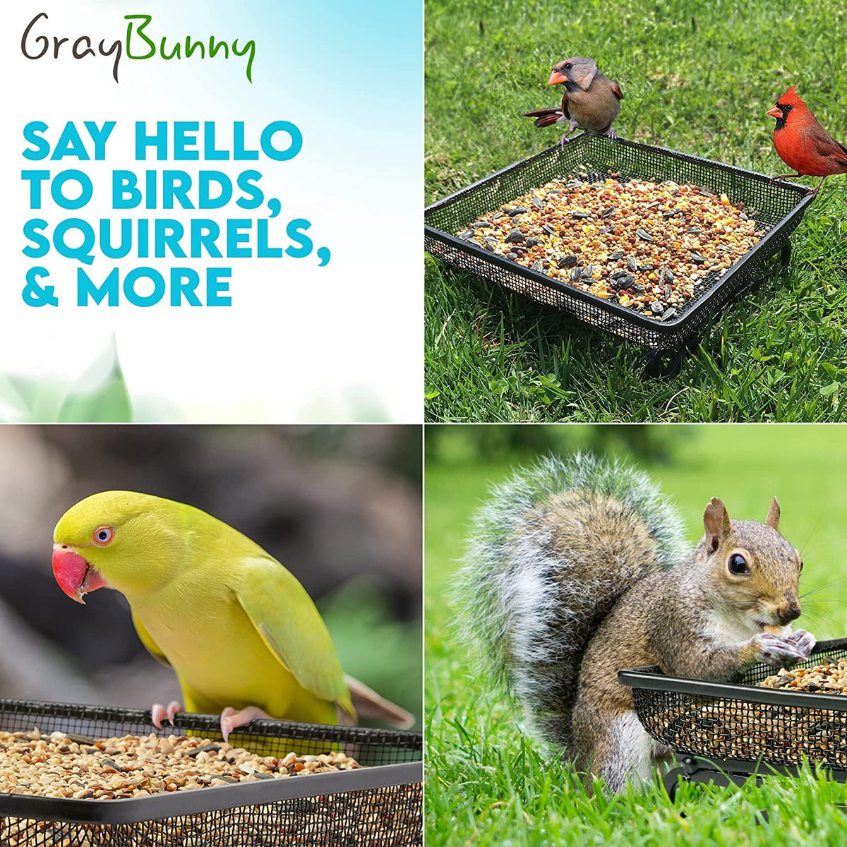 Gray Bunny all-weather feeder tray keeps seeds contained on decks.