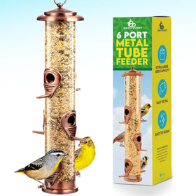 Gray Bunny bird feeder outdoors brushing copper finish hanging with six ports