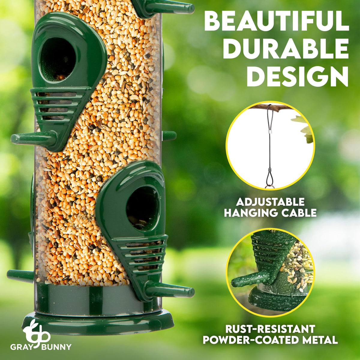 Gray Bunny green bird feeder showing locking lid and adjustable hanger.