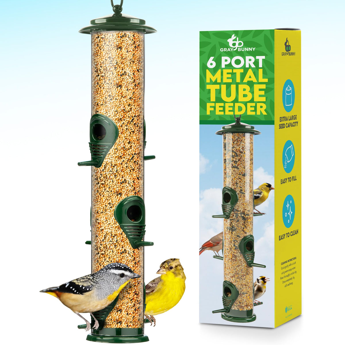 Gray Bunny six-port green bird feeder with squirrel-proof lid for diverse seed mixes.