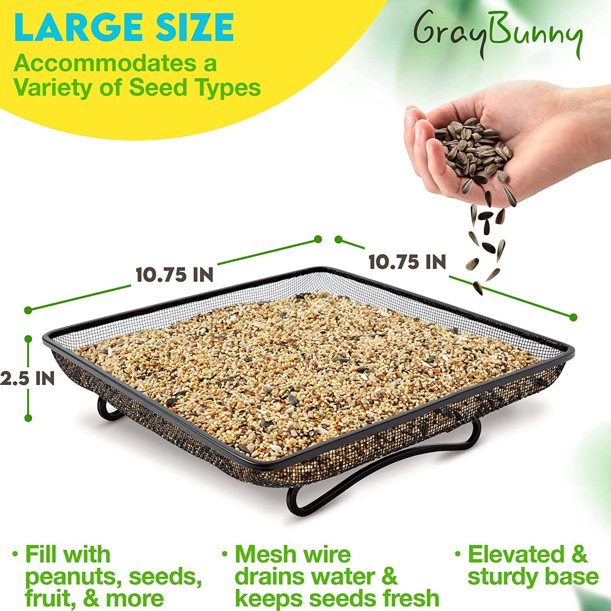 Gray Bunny durable steel mesh tray stands up to outdoor use.