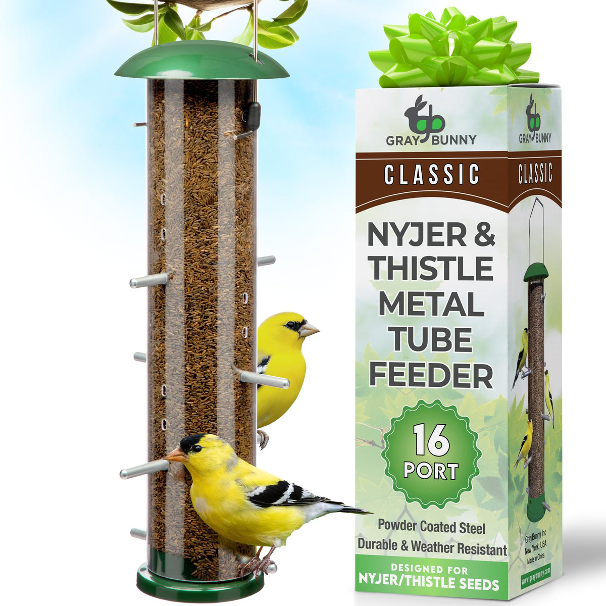 Gray Bunny Finch Feeder with 16 ports attracts finches and small songbirds