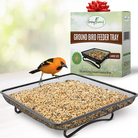 Gray Bunny ground bird feeder tray outdoors with sturdy metal construction.
