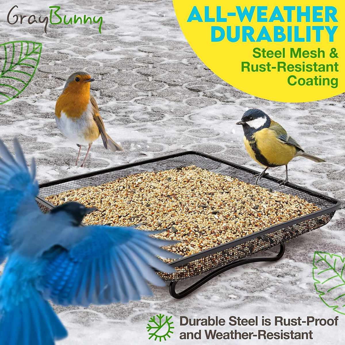 Gray Bunny raised-edges seed tray prevents spills while birds feed safely.