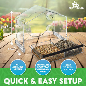 Gray Bunny window bird feeder clear acrylic body for vivid unobstructed bird views.