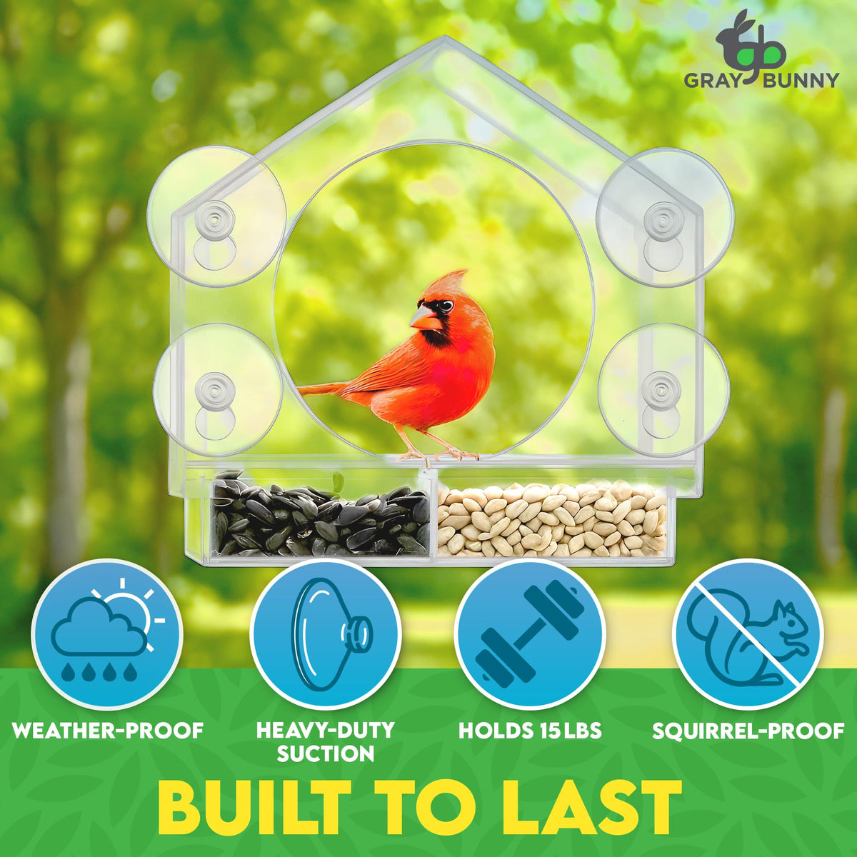 Gray Bunny window bird feeder sloping roof with drainage holes.