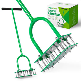 GrdnCare aerator with 15 iron spikes penetrating soil for deeper root access.