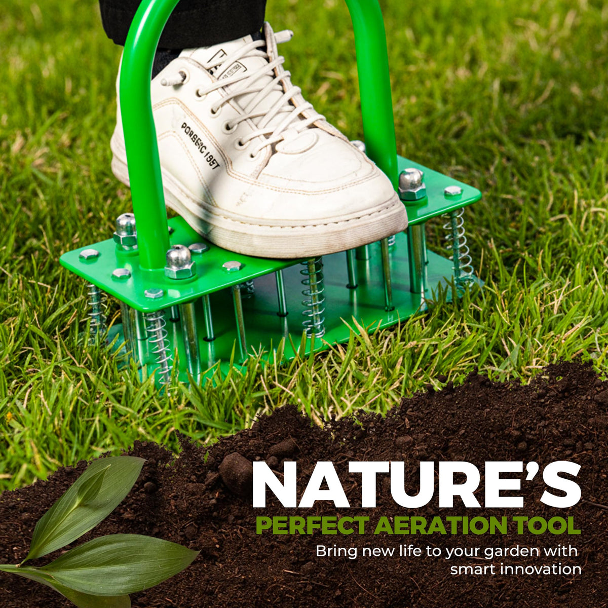 GrdnCare aerator showing 6 springs auto-cleaning to reduce mud buildup.