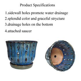 Grdthzey orchid pot with attached saucer for drip protection.
