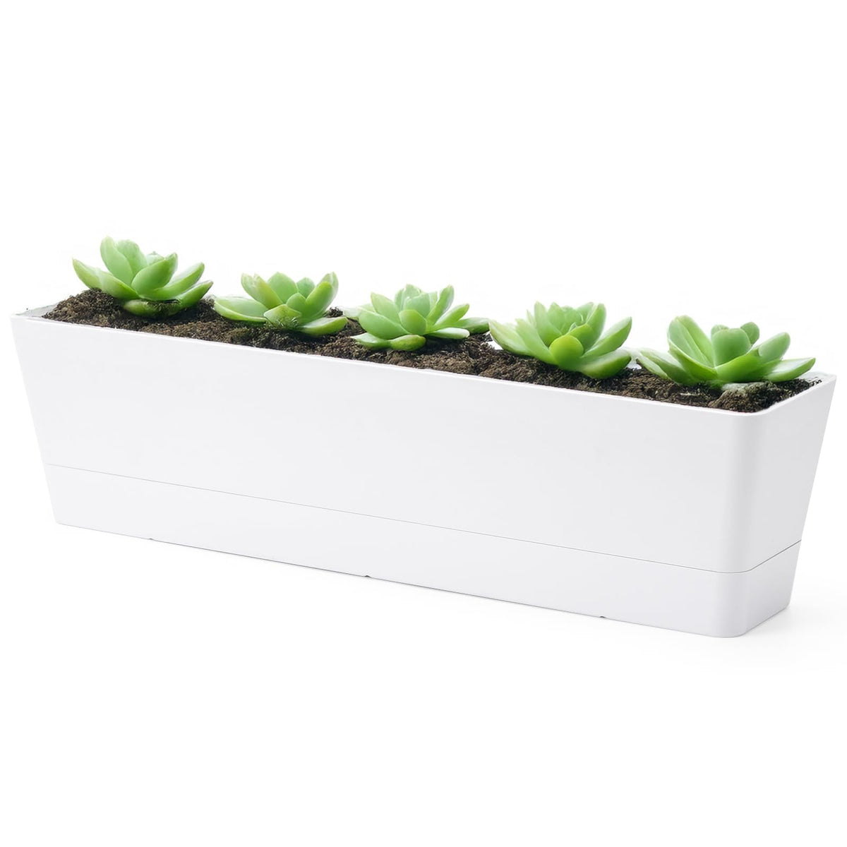 GREANER window box planter in white with drainage holes for herbs and succulents.